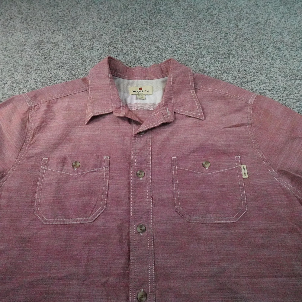 Woolrich Shirt Mens XL Red Chambray Denim Short Sleeve Button Up Casual Summer